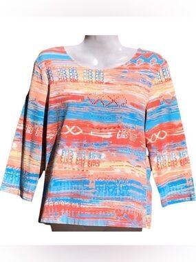 Christina Hope Scoop Neck Beachy Tee 3/4 Sleeve Beach Aztec Lightweight Size M